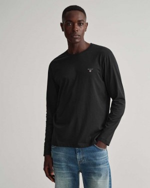 Gant Original Long Sleeve Men's T-Shirt Black | UMFHV-6308