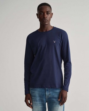 Gant Original Long Sleeve Men's T-Shirt Evening Blue | UYTKZ-7693