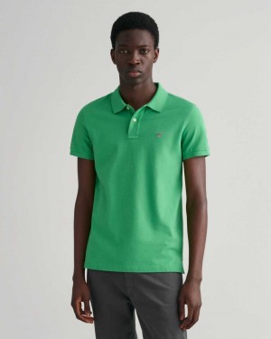 Gant Original Slim Fit Piqué Men's Polo Shirt Mid Green | SMWNB-1359