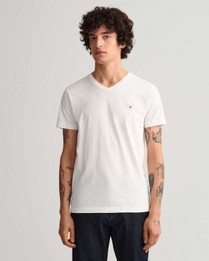 Gant Original Slim Fit V-Neck Men's T-Shirt White | UMEGI-9840