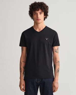 Gant Original Slim Fit V-Neck Men's T-Shirt Black | VNGDC-4309