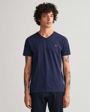 Gant Original Slim Fit V-Neck Men's T-Shirt Evening Blue | OFDPW-2597