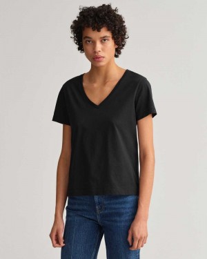 Gant Original V-Neck Women's T-Shirt Black | MXDBA-8721