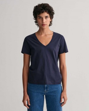 Gant Original V-Neck Women's T-Shirt Evening Blue | BEOLX-6953