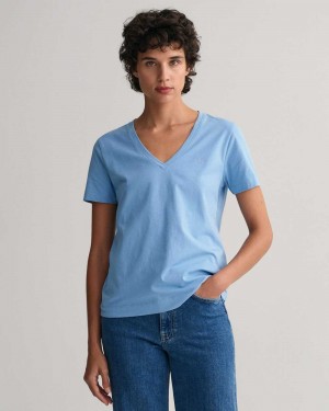 Gant Original V-Neck Women's T-Shirt Gentle Blue | UARYJ-1572