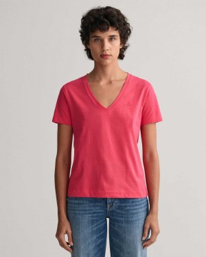 Gant Original V-Neck Women's T-Shirt Magenta Pink | RZGAY-5284