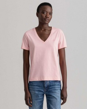 Gant Original V-Neck Women's T-Shirt Preppy Pink | NWFLQ-8746