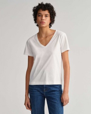 Gant Original V-Neck Women's T-Shirt White | PMARX-5173