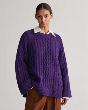 Gant Oversized Cable Knit Crew Neck Women's Sweater Pansy Purple | PJQAY-1402