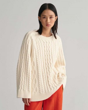 Gant Oversized Cable Knit Crew Neck Women's Sweater Cream | FVSYA-7063