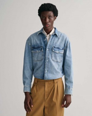 Gant Oversized Denim Men's Shirts Light Blue | RBTSN-4895