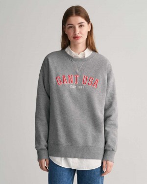 Gant Oversized GANT USA Crew Neck Women's Sweatshirts Grey Melange | GZLHX-6428