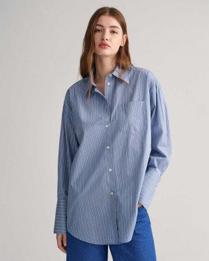 Gant Oversized High Cuffs Striped Poplin Women's Shirts Waterfall Blue | JEYNT-2743