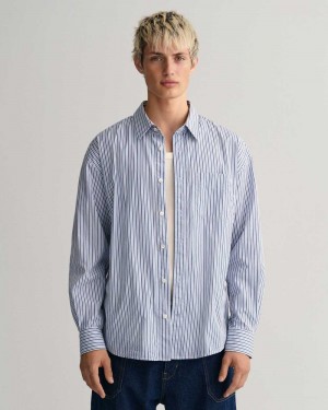 Gant Oversized Striped Poplin Men's Shirts College Blue | CABZR-9375