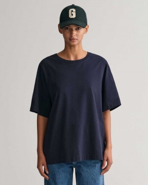 Gant Oversized Women's T-Shirt Evening Blue | RMTKB-7498