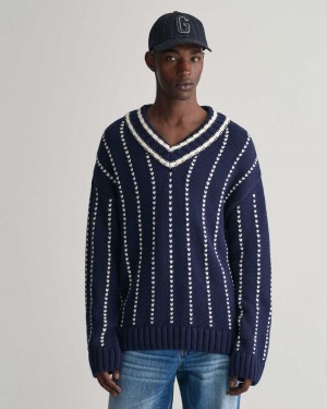 Gant Pinstripe Collegiate V-Neck Men's Sweater Evening Blue | VRDQY-7341