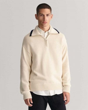 Gant Plain Cotton Half-Zip Men's Sweater Cream | UHBIL-9473