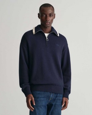 Gant Plain Cotton Half-Zip Men's Sweater Evening Blue | TKYPH-4258