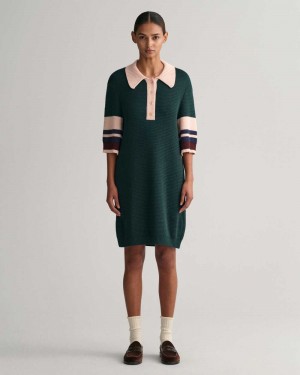 Gant Polo Knit Mini Women's Dress Tartan Green | VOIUS-1240