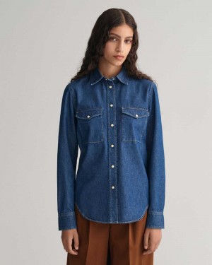 Gant Regular Fit Denim Women's Shirts Indigo | CSXJA-6054