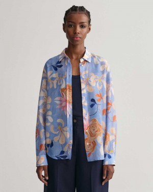 Gant Regular Fit Floral Print Cotton Silk Women's Shirts Waterfall Blue | NUFQY-9678