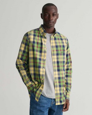 Gant Regular Fit Large Checked Poplin Men's Shirts Parchment Yellow | OQKNV-8973