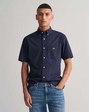 Gant Regular Fit Micro Dot Poplin Short Sleeve Men's Shirts Evening Blue | JEQBA-4706