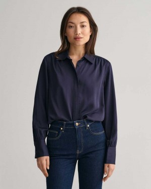 Gant Regular Fit Satin Women's Shirts Evening Blue | NMKRB-2419