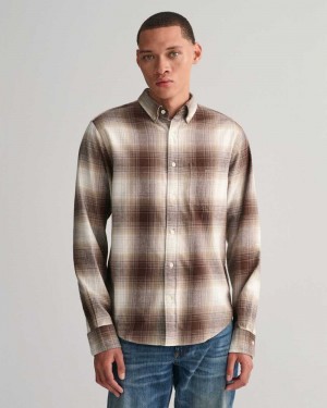 Gant Regular Fit Shadow Check Flannel Men's Shirts Desert Brown | KDNWJ-7218