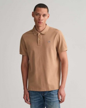 Gant Regular Fit Shield Piqué Men's Polo Shirt Warm Khaki | EAWNM-8236