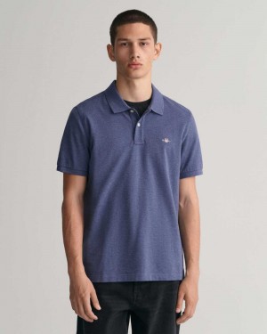 Gant Regular Fit Shield Piqué Men's Polo Shirt Blue Melange | YXTGO-9086