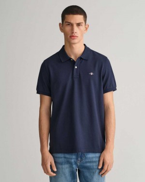 Gant Regular Fit Shield Piqué Men's Polo Shirt Evening Blue | YFKQU-6917