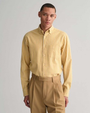 Gant Regular Fit Striped Brushed Oxford Men's Shirts Parchment Yellow | JCHUS-3568