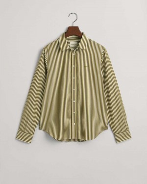 Gant Regular Fit Striped Poplin Women's Shirts Warm Surplus Green | HZDEF-1023