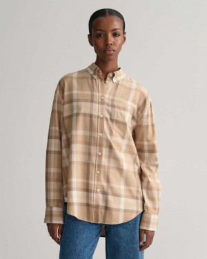 Gant Relaxed Fit Checked Flannel Women's Shirts Dark Khaki | NMGXQ-0139