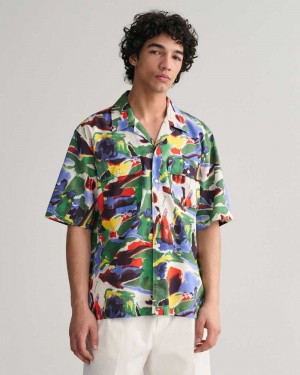 Gant Relaxed Fit Cotton Lyocell Printed Short Sleeve Men's Shirts Multicolor | HZAWY-8974