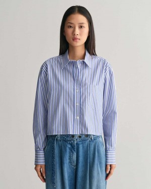 Gant Relaxed Fit Cropped Striped Women's Shirts College Blue | DQGKN-2680