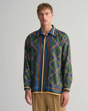 Gant Relaxed Fit Medallion Silk Men's Shirts Forest Green | WSCRO-2319