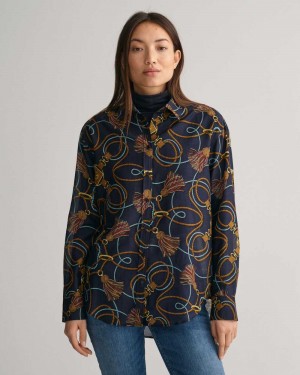 Gant Relaxed Fit Rope Print Cotton Silk Women's Shirts Evening Blue | TWJOP-1029