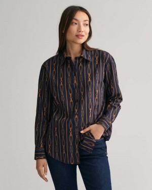 Gant Relaxed Fit Rope Striped Cotton Voile Women's Shirts Evening Blue | DZIKV-7382