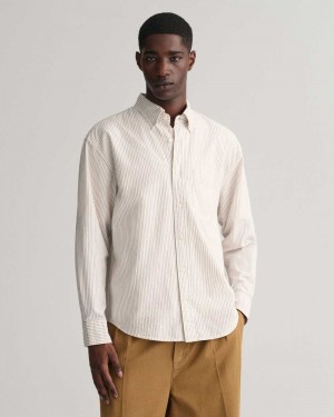 Gant Relaxed Fit Striped Archive Oxford Men's Shirts Beige White | NIFPX-0173