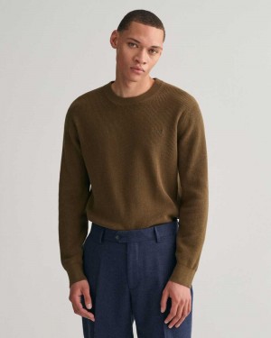 Gant Ribbed Cotton Wool Crew Neck Men's Sweater Dark Cactus | VIOQZ-1276