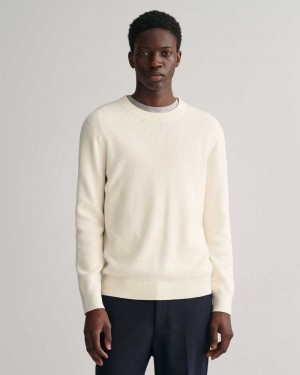 Gant Ribbed Cotton Wool Crew Neck Men's Sweater Cream | XOSLK-6014