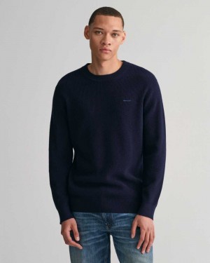 Gant Ribbed Cotton Wool Crew Neck Men's Sweater Evening Blue | YZOMU-6173