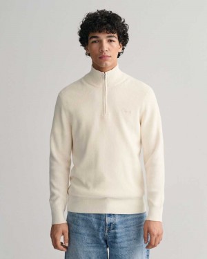 Gant Ribbed Cotton Wool Half-Zip Men's Sweater Cream | TKLIY-4692