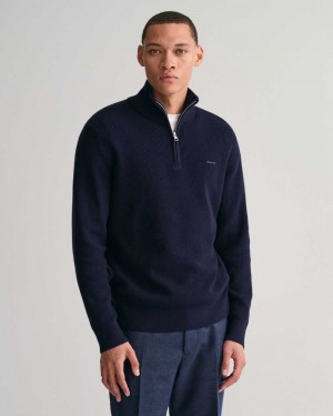 Gant Ribbed Cotton Wool Half-Zip Men's Sweater Evening Blue | JSICM-2765