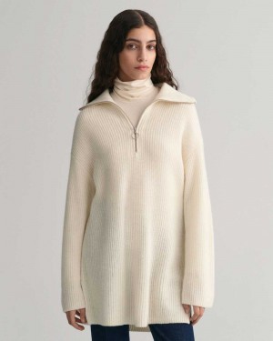 Gant Ribbed Wool Half-Zip Women's Sweater Cream | CVJPQ-4692