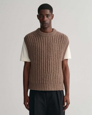 Gant Ribbed Wool Men's Vest Desert Brown | TLIQK-0837