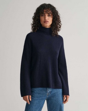 Gant Ribbed Wool Stand Collar Women's Sweater Evening Blue | JVLSI-5028