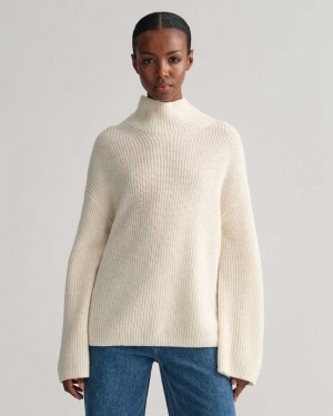 Gant Ribbed Wool Stand Collar Women's Sweater Cream | HAWMR-2835